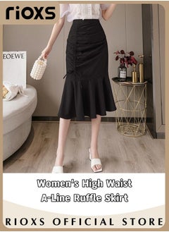 Buy Women's Stretch High Waist A-Line Ruffle Skirt Irregular Fishtail Mermaid Mid Length Skirt With Drawstring in UAE