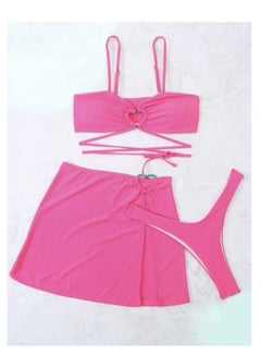 Buy 3 Piece Solid Color Swimsuit Beach Bikini Pink in UAE