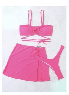 Buy 3 Piece Solid Color Swimsuit Beach Bikini Pink in UAE