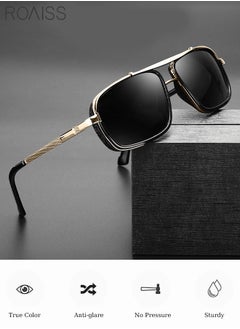 Buy Men's Rectangular Sunglasses Polarized Lenses UV400 Protection Aluminum Magnesium Alloy Arms with Glasses Case for Shopping Driving Riding Trekking (Golden Black) in Saudi Arabia