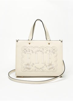 Buy Women Logo Embroidered Tote Bag with Detachable Strap and Zip Closure in UAE