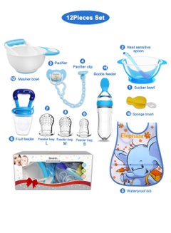 Buy Baby Feeding Gift 12-Piece, Includes Suction Bowl with spoon，Silicone Food Teething Feeder with 3 size, Ultra-Soft Silicone Baby Food Bottle With Spoon,  Fresh Foods Masher And Bowl, Baby Feeding Bib in UAE