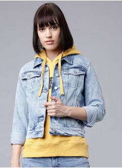 Buy Solid Cropped Denim Jacket in Saudi Arabia