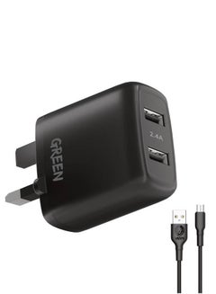 Buy Dual USB Port Wall Charger 12W UK 3pin Plug Adapter with PVC Micro USB Cable 1.2M - Black in UAE
