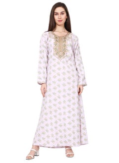 Buy UNIQUE STYLISH EMBROIDERY WITH FLORAL PRINTED ARABIC KAFTAN JALABIYA DRESS in Saudi Arabia