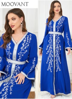 Buy Abaya Dress for Women Loose And Waist Maxi Dress Exquisite Embroidery V Neck Long Robe Women's Festival Clothing Dubai Sadui Bead Moroccan Kaftan Fancy Eid Ramadan Jalabiya in Saudi Arabia