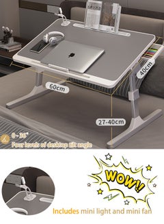 Buy Laptop Bed Desk Portable Lap Desks Angle and Height Adjustable with 4 USB Ports Foldable Legs Storage Drawer LED Lamp Cooling Fan Grey in Saudi Arabia