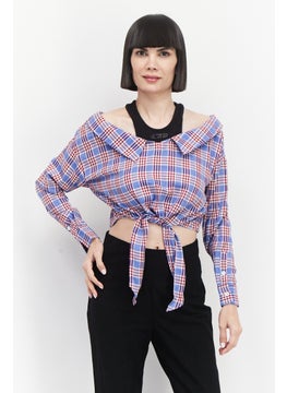 Buy Women Spread Collar Long Sleeves Checkered Top, Blue in UAE