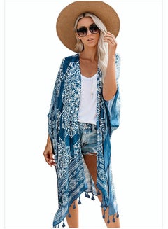 Buy Women's Summer Fashion Printed Print Kimono Casual Open Front Cover up Long Cardigan Loose Beach Swimsuit Cover up in UAE