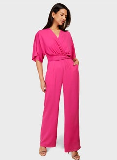 Buy V - Neck Tie Detail High Waist Jumpsuit in UAE