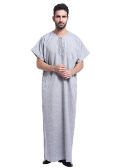 اشتري Men's Short Sleeve Kandora Islamic Arabic Kaftan Robe Grey في السعودية