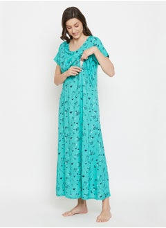 Buy Clovia Feeding Pretty Florals Long Night Dress In Turquoise Blue - Rayon Turquoise Blue in UAE