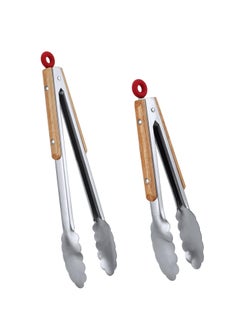 Buy Barbecue Tongs Set of 2-9" and 12" Oak Wood Handle Stainless Steel Kitchen Tong for Cooking, Grilling and Salads BBQ Locking Metal Food Tongs in UAE