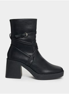 Buy Wrap Strap Detail Platform Heel Leather Boots in Saudi Arabia