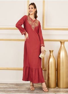 Buy Embroidered Neck Textured Ruffle Hem Jalabiya in Saudi Arabia