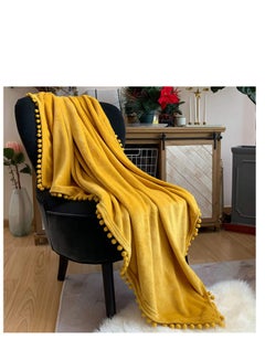 Buy Flannel Blanket with Pompom Fringe Lightweight Cozy Bed Blanket Soft Throw Blanket fit Couch Sofa Suitable for All Season (130x150 CM) (Mustard Yellow) in Saudi Arabia