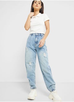 Buy High Waist Ripped Detail Straight Jeans in UAE