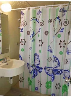 Buy Shower Curtain, Light PEVA Water Resistant Bath Curtain with Hooks, Artwork Print with Distinctive Graphics, Bathroom Decor Set, 180cm x 200cm (Green, Brown, and Blue Flowers and Blue Butterflies (10) in Egypt