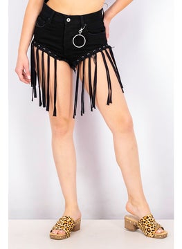 Buy Women High Rise Fringe Hem Denim Short, Black in Saudi Arabia