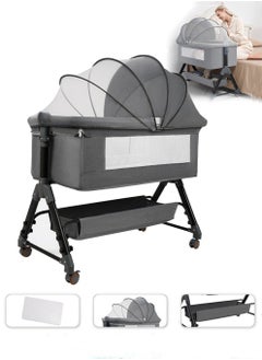 Buy 4Pcs Bedside Baby Crib, Portable Folding Babies Bassinet with Mosquito Net, Mattress, Diaper Changing Station, and 360° Swivel Wheels, Height Adjustable Nursery Bed for Infant Newborn in UAE