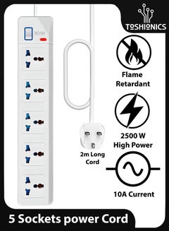 Buy 5 Outlets Electric Extension Power Strip  5 Universal Multi Plugs Sockets Board Cord Charging Station 2 Meter Lead For Kitchen Office Home Computer Laptop Mobile Tablets in UAE