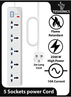 Buy 5 Outlets Electric Extension Power Strip  5 Universal Multi Plugs Sockets Board Cord Charging Station 2 Meter Lead For Kitchen Office Home Computer Laptop Mobile Tablets in UAE