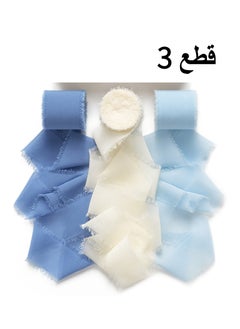 Buy 3 Rolls Handmade Fringe Chiffon Ribbon, 4cm x 5m Silk-Like Ribbon White Dusty Blue Ribbons Set for Wedding Invitations, Bridal Bouquets, Gifts Wrapping, DIY Crafts in Saudi Arabia