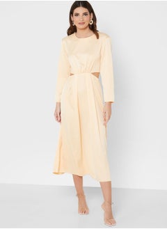 Buy Crew Neck Cut Out Detail Pleated Dress in Saudi Arabia