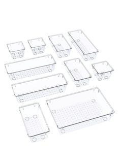 اشتري 10 Pcs Drawer Organizer Set Desk Drawer Divider 4 Size Bathroom Cosmetic Makeup Trays Multipurpose Clear Plastic Storage Set for Jewelries Kitchen Gadgets and Office Accessories في الامارات