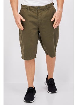 Buy Men Embroidered Logo Basic Shorts, Olive in UAE