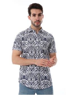 Buy Palm Pattern Short Sleeves Shirt - Navy Blue & White in Egypt