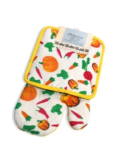 Buy 2-Piece Reversible Printed Design Gloves/Oven Mitt And Pot Holder Set Yellow in UAE