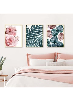 Buy Gallery Pink Rose And Blue Leaf Sets -3 Framed Art in UAE