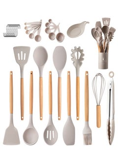 Buy Kitchen Cooking Utensils Set Wooden Handle Silicone Kitchen Heat Resistant Gadget Set 34 Piece Non-Stick Silicone Cooking Kitchen Utensils Spatula Set Khaki in UAE