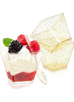 Buy 2 oz Mini Dessert Cups with Spoons - 100 Pack Gold Glitter Shooter Cups for Dessert Small Square Serving Cups for Party Individual Banana Pudding Appetizers Parfait in UAE