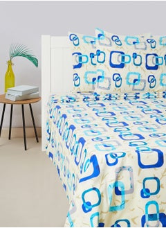 Buy 3-Piece Printed 180 TC Cotton Bedsheet Set Queen Size Premium Collection (1 Bedsheet + 2 Pillow Cases) Precinct Blue in UAE