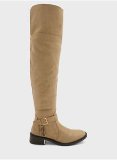 Buy Beige Faux Suede Buckle Down Collar Long Boots in Saudi Arabia