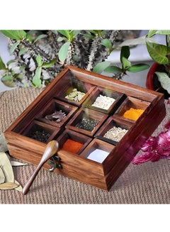 Buy Wooden Spice Box Masala Dabba with 9 Wooden Container with Spoon and Transparent Lid Handmade Dry Fruit Organizer in UAE