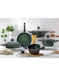 اشتري 9-Piece Farah Cookware Set - Tempered Glass Lids - 3 Deep Pots - 1 Low Pot - 1 Frypan - Non-Stick Ceramic Surface - PFOA Free - Green في الامارات