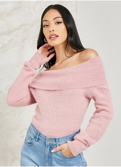 اشتري Regular Fit Fuzzy Yarn Off Shoulder Neck Sweater في السعودية