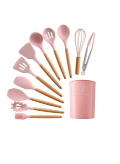 اشتري 11 Pcs Silicone Nonstick Utensils with Bamboo Wood Handle kitchen utensils, Cooking Spatula Set, Non Toxic Turner Tongs Spatula Spoon Set Pink في الامارات