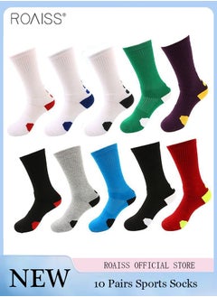 اشتري 10 Pairs Of Non-Slip Sports Mid-Calf Socks For Men'S Basketball Shock-Absorbing Towel Bottoms With Contrasting Color Design Professional Sports Socks في الامارات