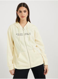 Buy Slogan Print Zip Up Hooded Sweatshirt in Saudi Arabia