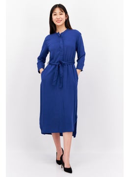 اشتري Women Solid Midi Dress With Tie Belt, Navy Blue في الامارات