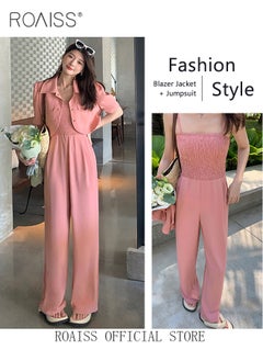 Buy 2-Piece Women Casual Suit Lapel Neck Shirt and Sling Pleated Wide Leg Jumpsuit Candy Color Matching Waist Design Ideal for Daily Commuting Wear in Saudi Arabia