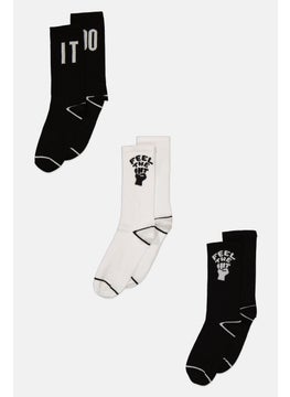 Buy Men 3 Pairs Printed Formal Non Terry Socks, Black/White in Saudi Arabia