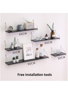 اشتري 5-Piece Home Book Shelves Set Floating Shelves for Wall Hanging Wood Shelf Wooden Shelves with Metal Brackets Hanging Shelf Wall Organizers for Home Black Color Free Installation Tool في السعودية