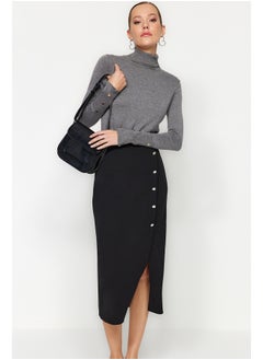 Buy Black Smart Crepe Button Detailed High Waist Midi Pencil Stretch Knitted Skirt TWOSS23ET00320 in Egypt