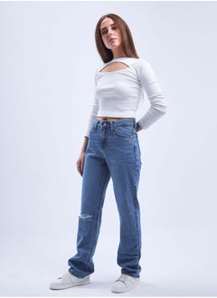 Buy High-Waist Medium Wash Ripped Straight Leg Jeans. in Saudi Arabia