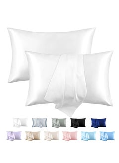 Buy 2-Piece Simple Solid Colour Silk Satin Pillow Case with Envelope Closure for Hair and Skin White in Saudi Arabia